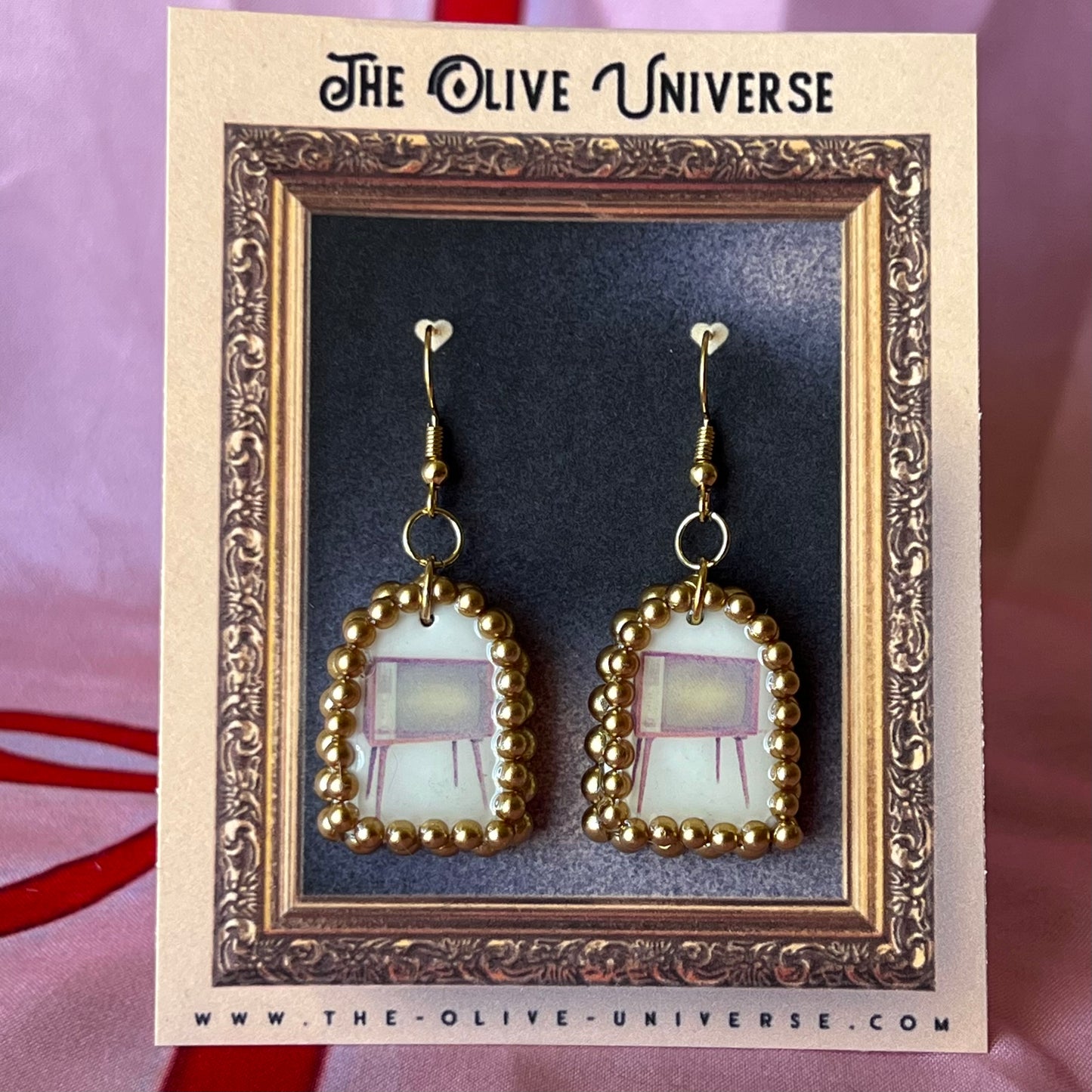 Handmade retro vintage TV charm earrings — pearl‑bedazzled arch dangles with a nostalgic TV graphic, gold/bronze pearl framing and 18k gold‑plated hooks; perfect retro, vintage, Y2K, indie, polymer‑clay statement jewelry.