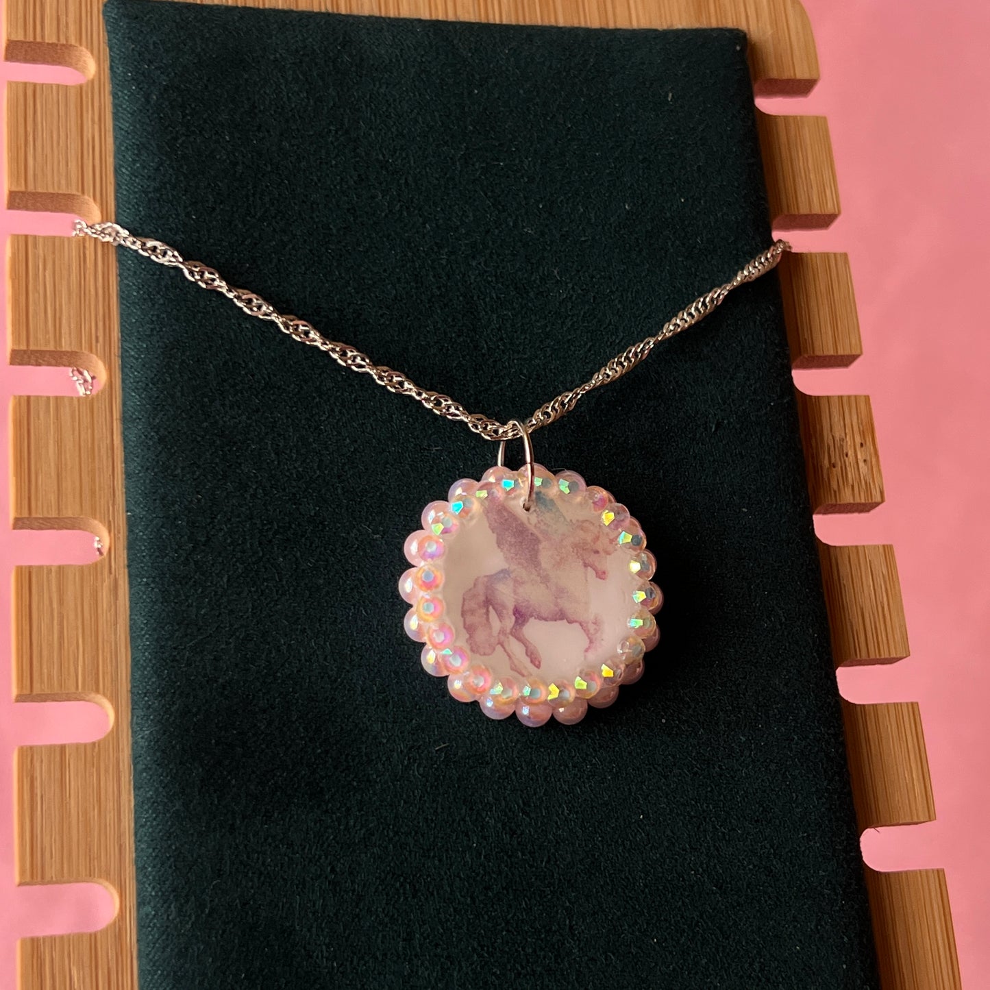 Pegasus pearl charm necklace — coquette fantasy jewelry with handmade pegasus charm bedazzled with pastel pearls on 20" 925 sterling silver chain. Ships gift-ready in green Victorian-patterned box; ready to ship. Medieval magic talisman necklace by Olive Made.