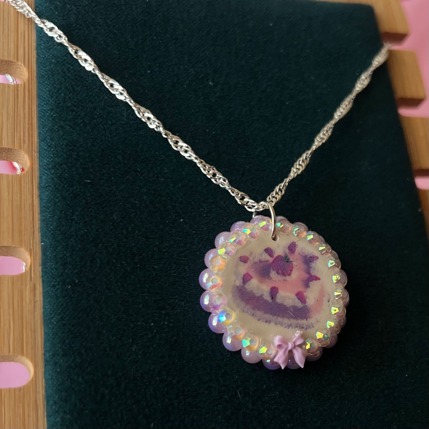 Strawberry Cake Lavender Pearls + Bow Charm Necklace | Coquette Pastel Kawaii Jewelry | Olive Made