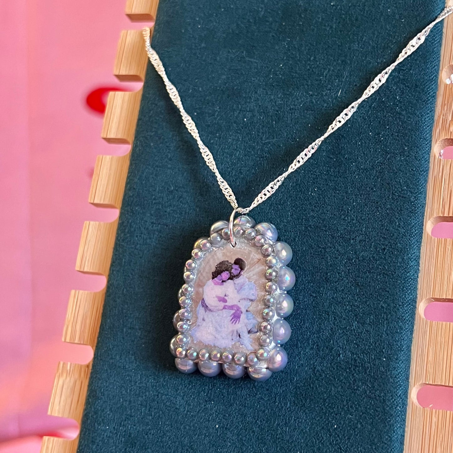 whimsical lovers necklace, fairycore necklace, romantic necklace, arch pendant necklace, sterling silver chain necklace, 925 silver necklace, polymer clay charm necklace, silver pendant necklace, iridescent pearl necklace, victorian inspired jewelry, fantasy aesthetic jewelry, handmade necklace, wearable art jewelry, lovers pendant, romantic gift for her, artisan jewelry, statement necklace, cottagecore fairycore jewelry, olive made, the olive universe