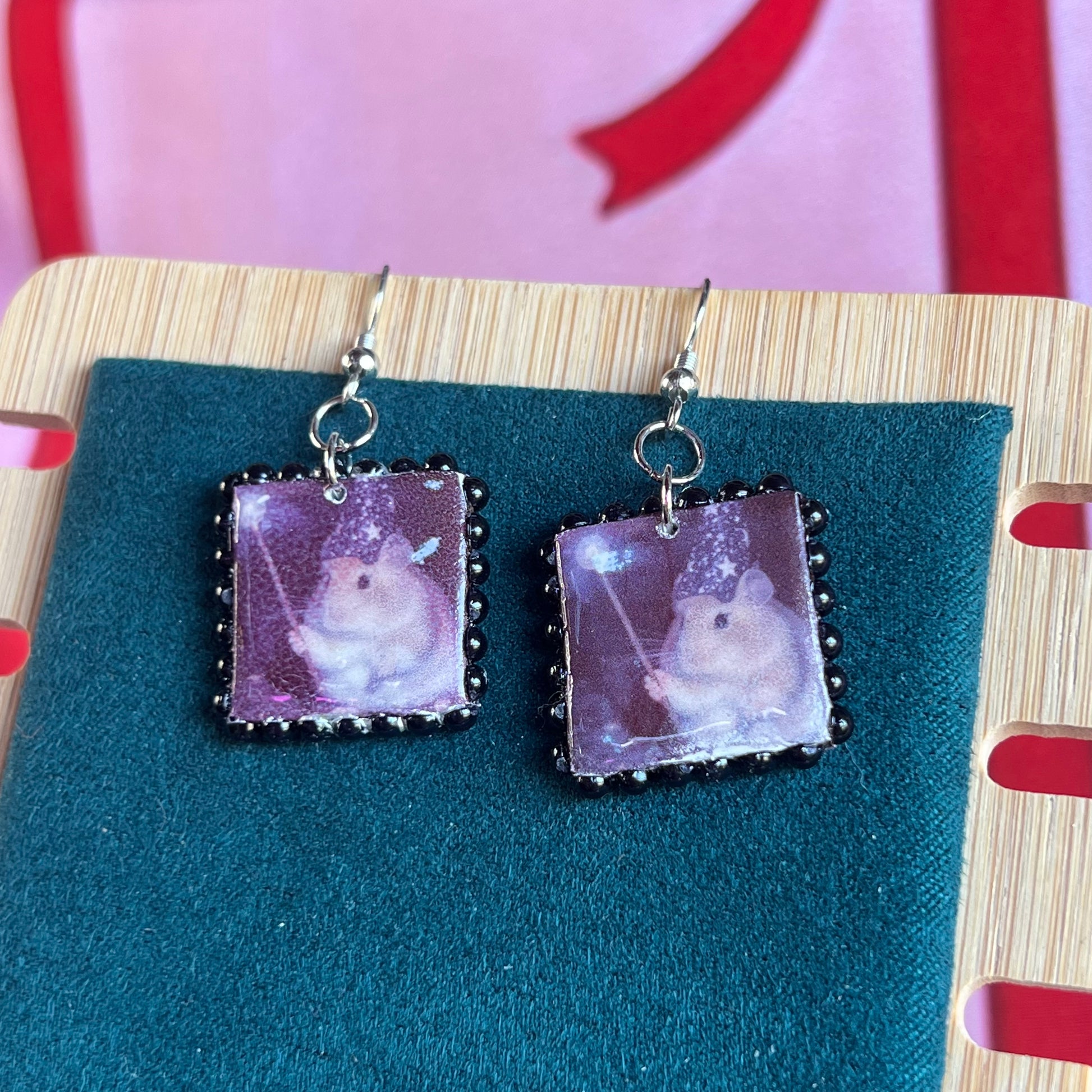 wizard hamster earrings, hamster earrings, handmade polymer clay earrings, polaroid earrings, vintage flash photo jewelry, black pearl earrings, fairycore earrings, indie jewelry, wizardcore jewelry, whimsical earrings, magic earrings, square charm earrings, cute animal earrings, y2k earrings, Olive Made