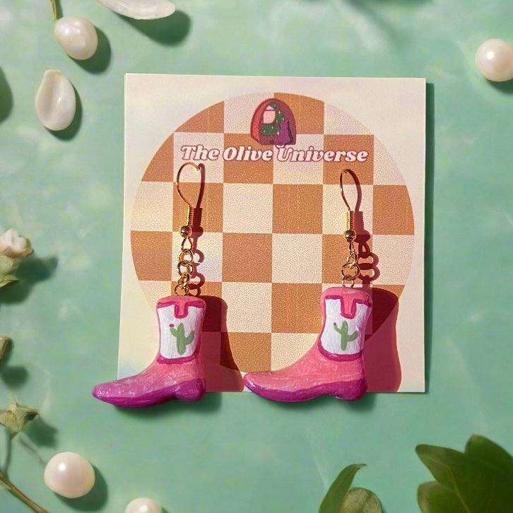 Country Cowgirl Boots - Handmade & Painted Charm Earrings - Olive Made