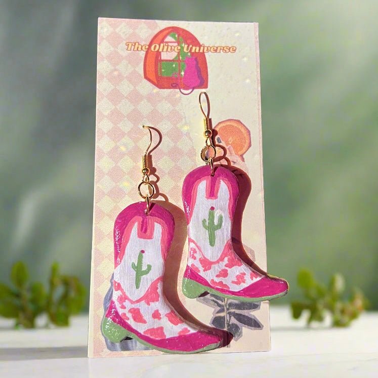 Cactus Cowprint Boots - Handmade & Hand Painted Charm Earrings - Olive Made