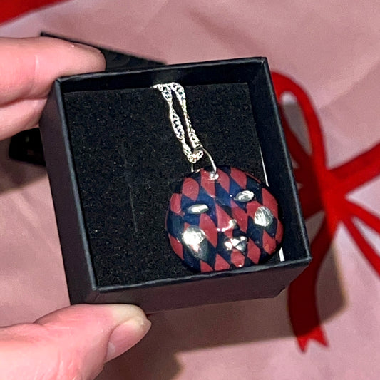 Burgundy Harlequin Mask Necklace | Hand Painted Clay Charm | 925 Sterling Silver Chain | Theater Inspired Jewelry
