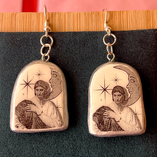 Roman Woman Earrings | Handmade Clay Dangle Earrings | Art History Jewelry | Grayscale Celestial Collage