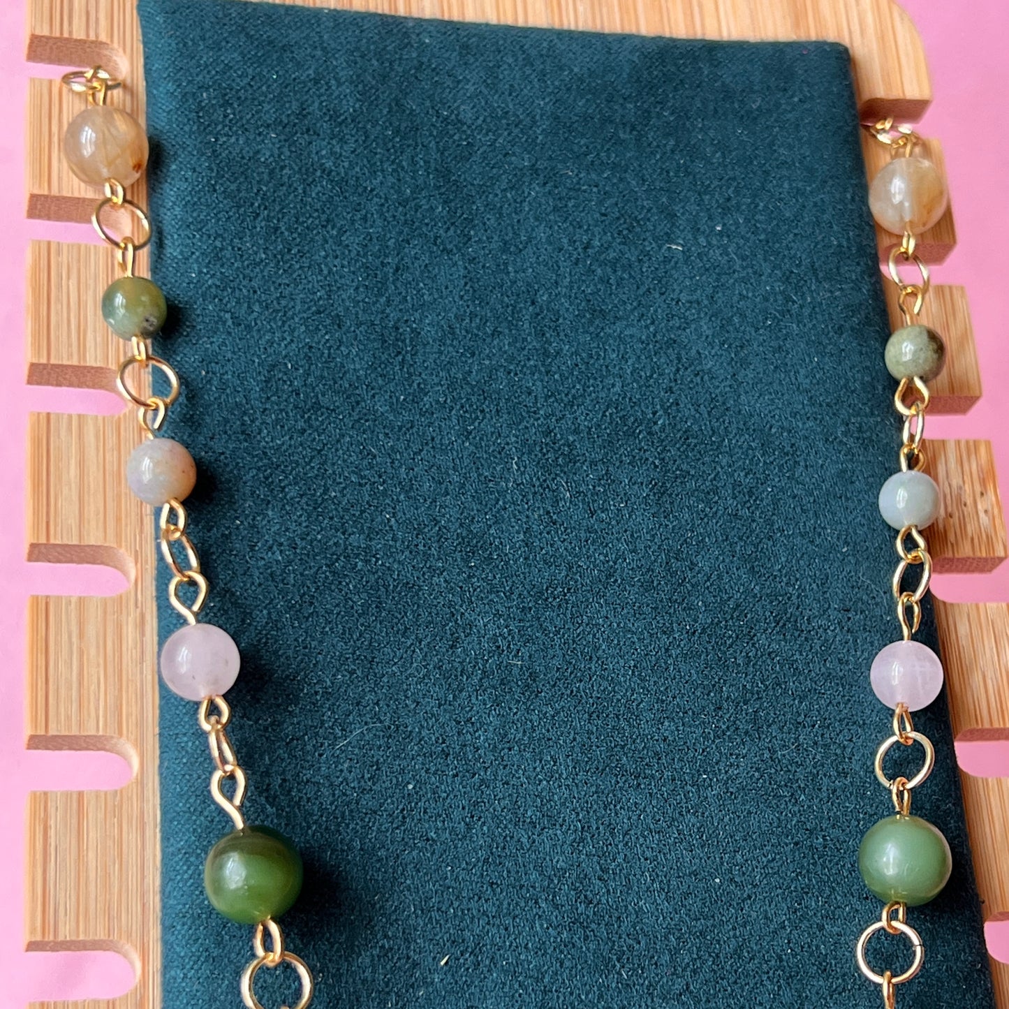 Fairycore crystal portrait necklace — 20" beaded necklace with rose quartz, Indian agate, and upcycled rutilated quartz plus handmade iridescent bedazzled portrait charm. 18k gold plated findings + 18k gold filled jump rings; ornate toggle clasp. Gift-ready green Victorian-style box; ready to ship.