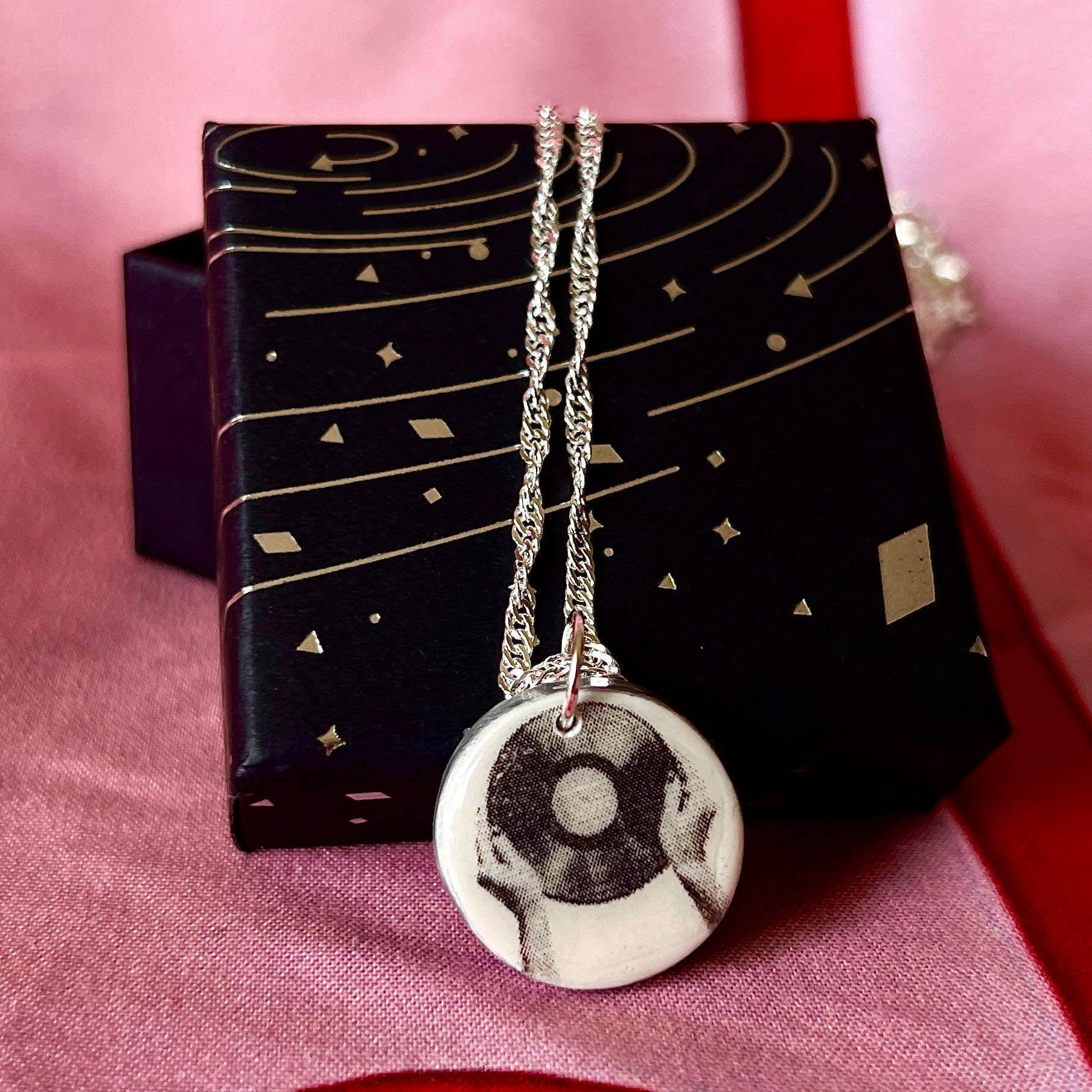 For The Record necklace — handmade black & white polymer clay “for the record” charm with silver acrylic paint detailing on 20" 925 sterling silver chain. Monochrome whimsigoth indie sleaze / coquette goth layering piece. Ships in black gift box; ready to ship in 1–3 days.