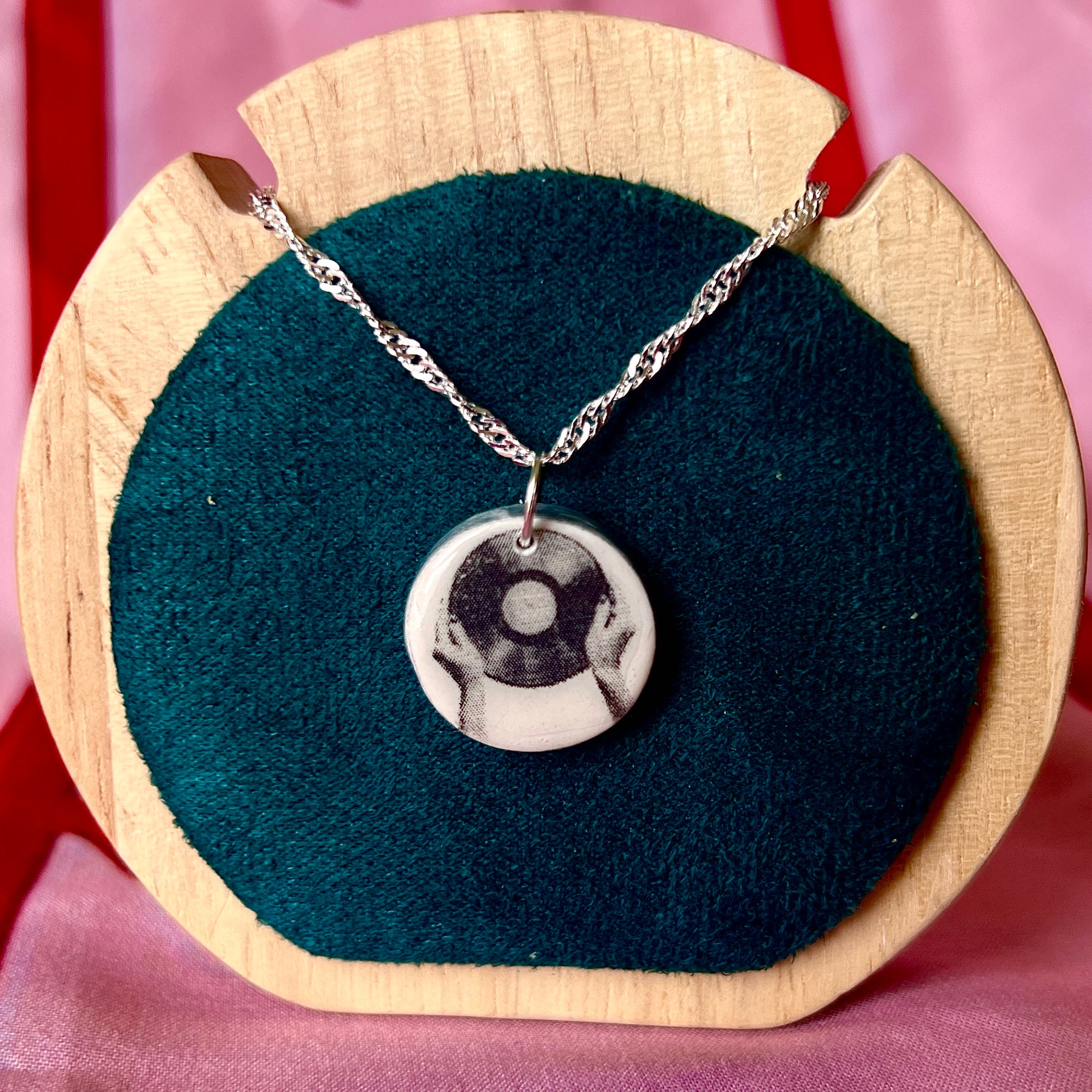 For The Record necklace — handmade black & white polymer clay “for the record” charm with silver acrylic paint detailing on 20" 925 sterling silver chain. Monochrome whimsigoth indie sleaze / coquette goth layering piece. Ships in black gift box; ready to ship in 1–3 days.