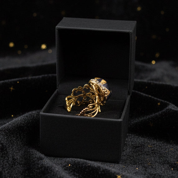 Gold Harlequin Mask Ring — Sculptural Masquerade Statement