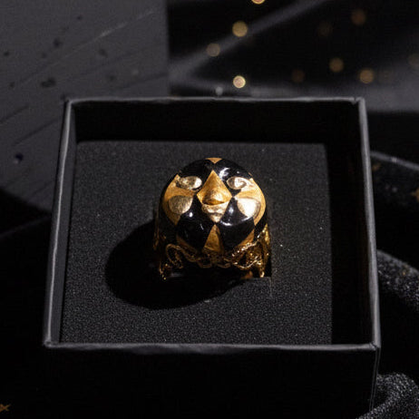 Gold Harlequin Mask Ring — Sculptural Masquerade Statement