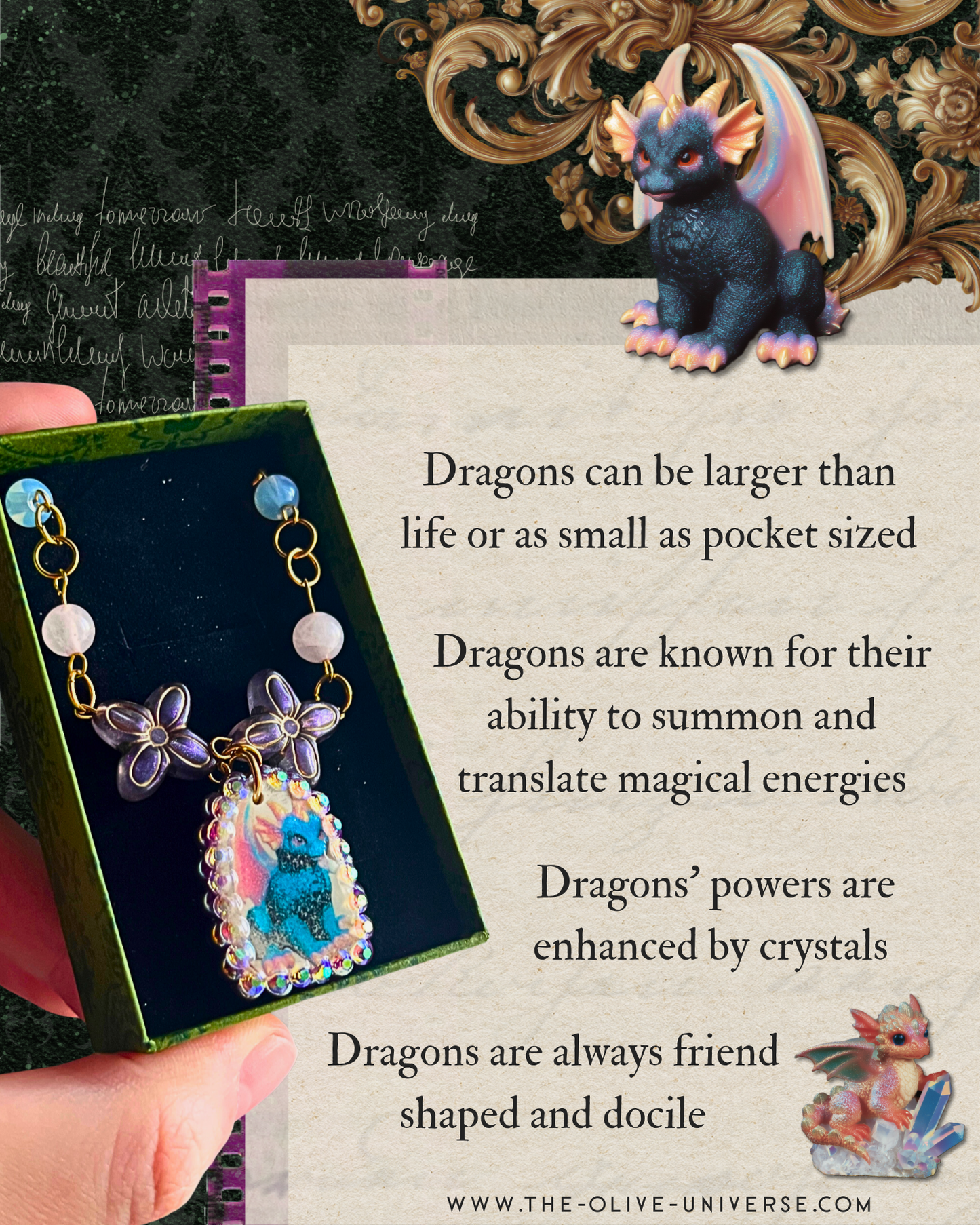 Gold plated dragon charm necklace — one-of-a-kind beaded necklace with rose quartz, opalite, and Indian agate plus handmade iridescent polymer clay dragon charm bedazzled with iridescent pearls, dark purple pearls, and rhinestones. 18k gold-plated links; 20" length + 2" star extender. Ready to ship.