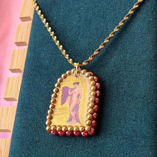 neoclassical pendant, nude lady necklace, red gold pendant, wearable art necklace, portrait pendant necklace, renaissancecore jewelry, museumcore, gold pearl frame pendant, 18k gold plated chain necklace, handmade polymer clay pendant, image transfer jewelry, gift for her, olive made