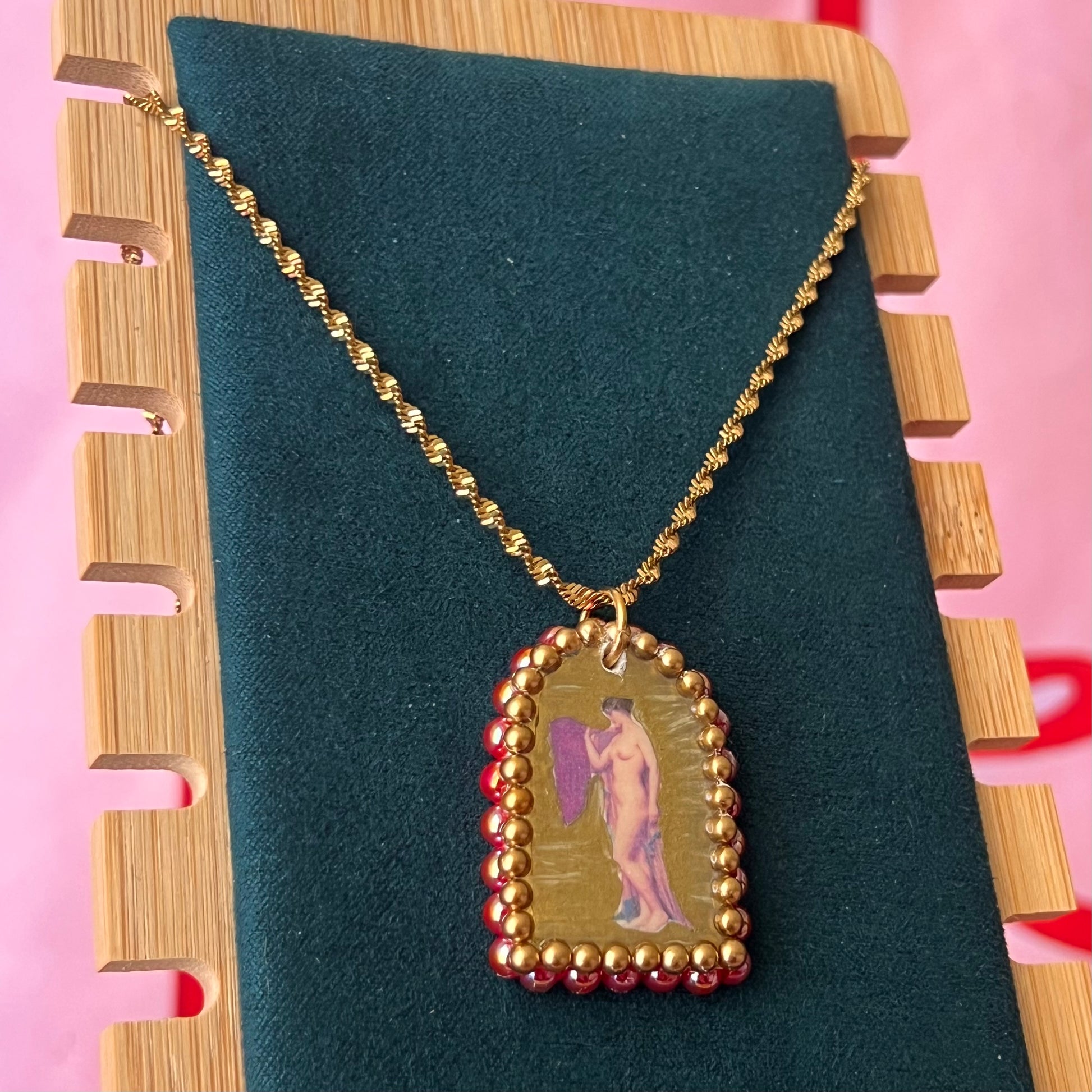 neoclassical pendant, nude lady necklace, red gold pendant, wearable art necklace, portrait pendant necklace, renaissancecore jewelry, museumcore, gold pearl frame pendant, 18k gold plated chain necklace, handmade polymer clay pendant, image transfer jewelry, gift for her, olive made