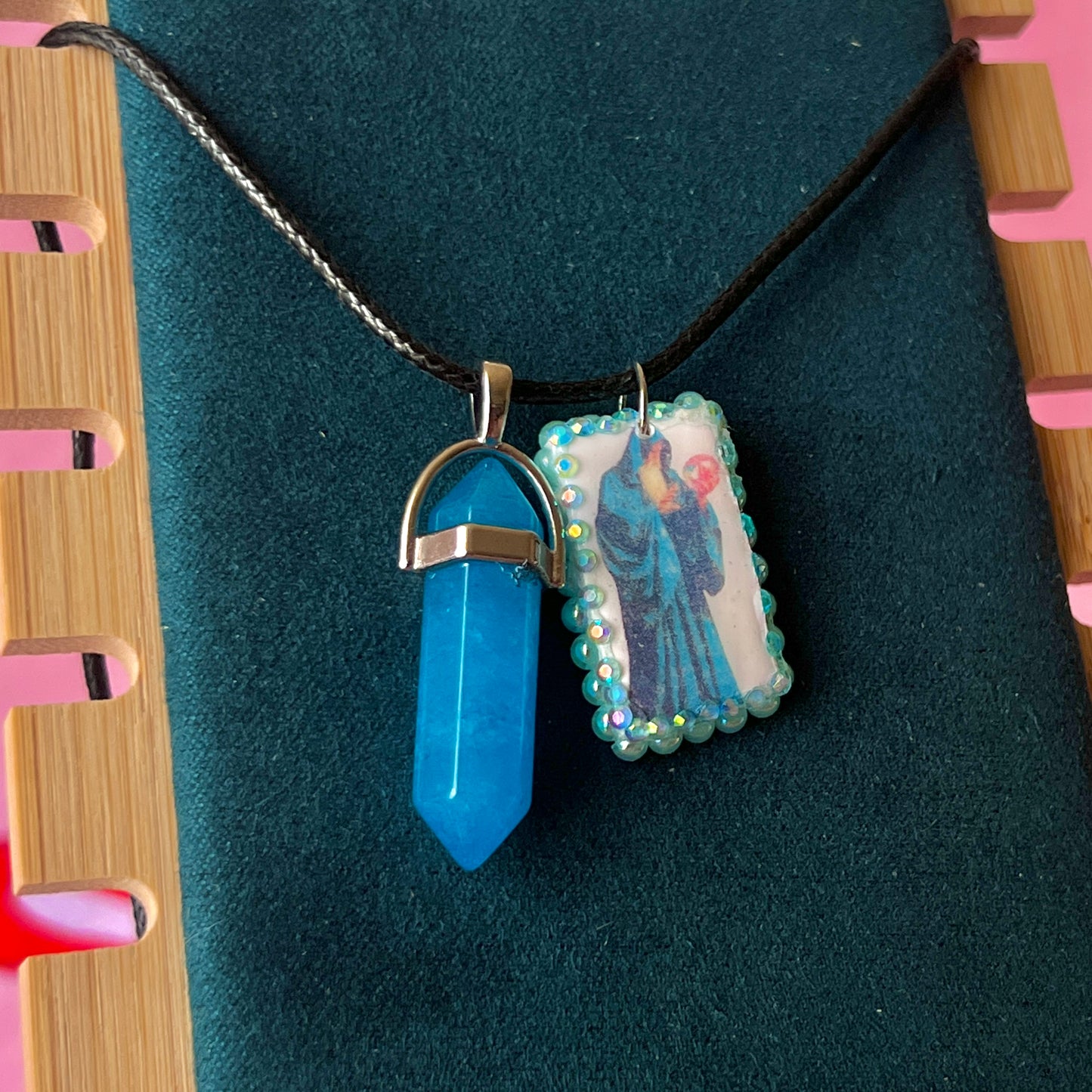 Handmade wizard charm necklace — one-of-a-kind clay mystical orb wizard charm bedazzled with iridescent pearls and paired with luminous blue gem pendant on 22" vegan leather chain with silver-tone hardware. Charm approx. 1". Ready to ship.