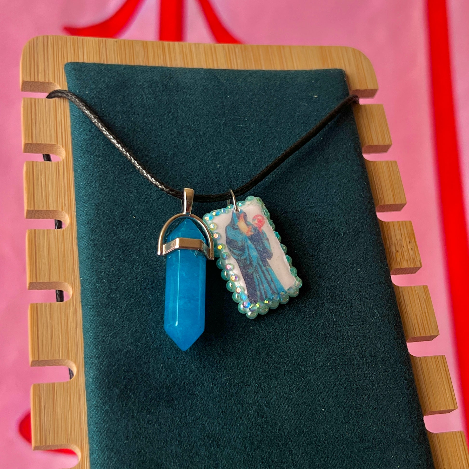 Handmade wizard charm necklace — one-of-a-kind clay mystical orb wizard charm bedazzled with iridescent pearls and paired with luminous blue gem pendant on 22" vegan leather chain with silver-tone hardware. Charm approx. 1". Ready to ship.