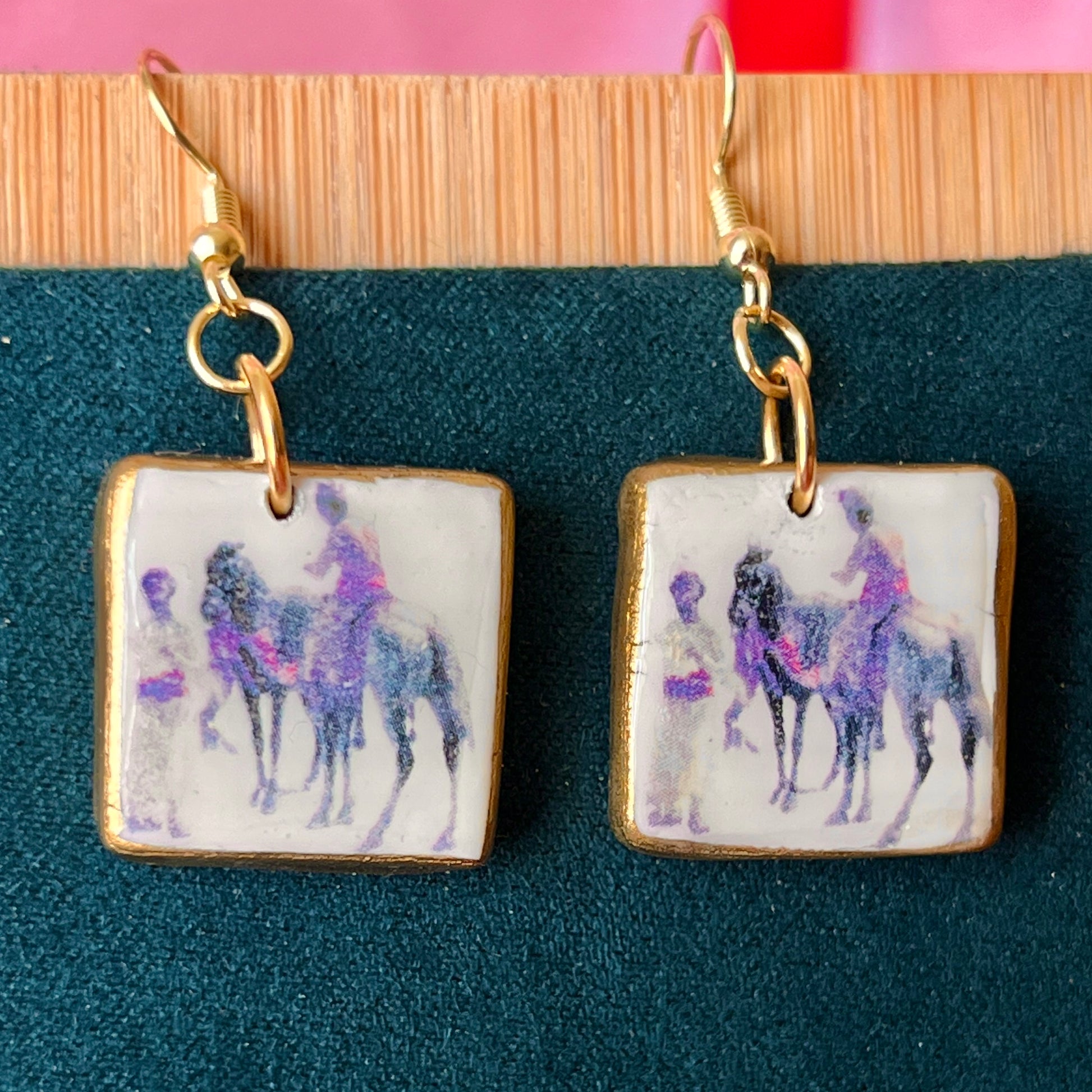 Antique aesthetic “Hindu Merchant” oil painting earrings inspired by Edwin Lord Weeks (c. 1885), featuring handmade polymer‑clay charms painted with metallic gold and gold‑plated hypoallergenic hooks—perfect for lovers of classical art, renaissance and vintage‑style jewelry.