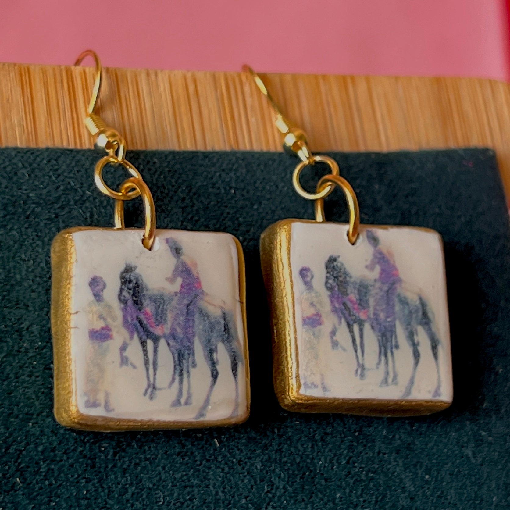 Antique aesthetic “Hindu Merchant” oil painting earrings inspired by Edwin Lord Weeks (c. 1885), featuring handmade polymer‑clay charms painted with metallic gold and gold‑plated hypoallergenic hooks—perfect for lovers of classical art, renaissance and vintage‑style jewelry.