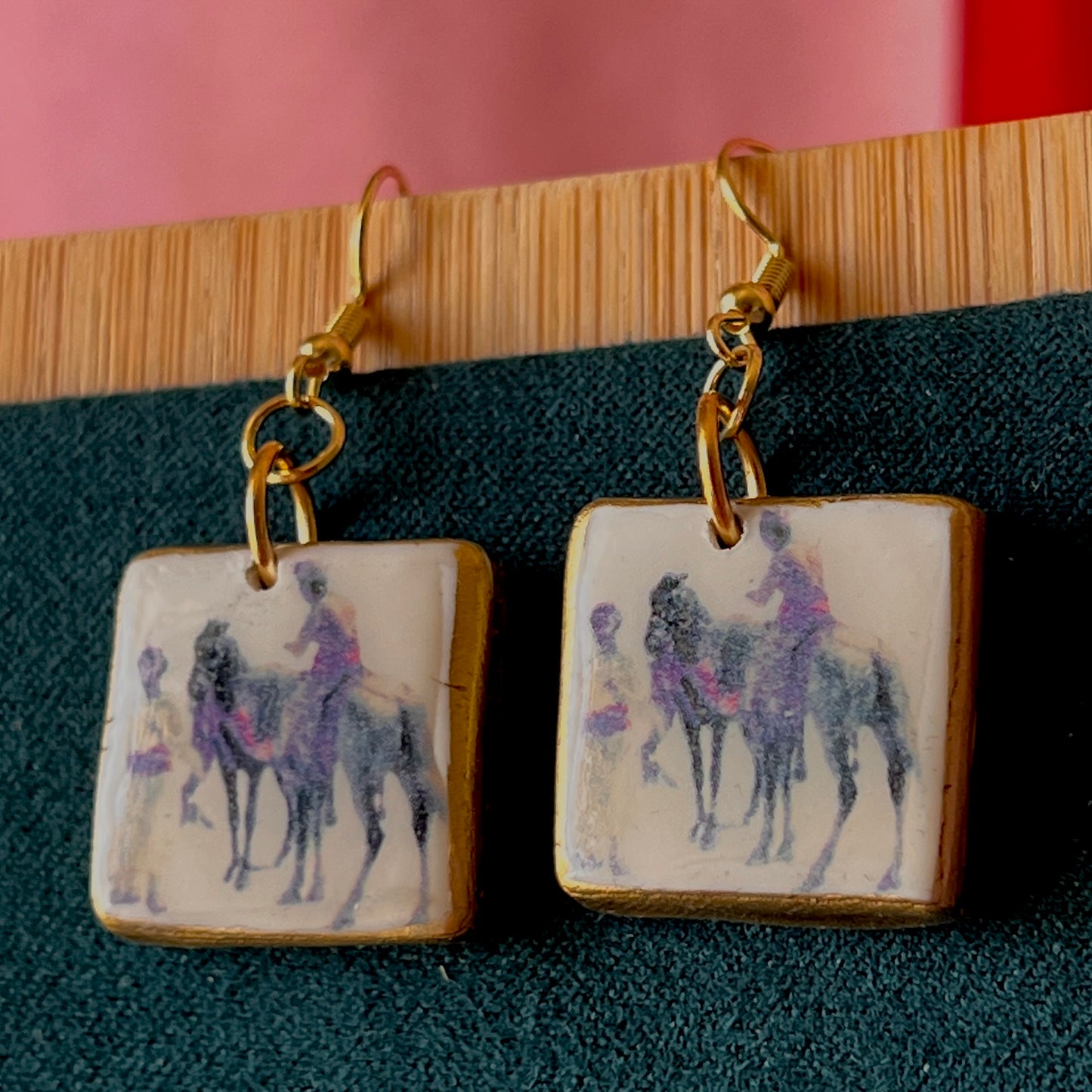 Antique aesthetic “Hindu Merchant” oil painting earrings inspired by Edwin Lord Weeks (c. 1885), featuring handmade polymer‑clay charms painted with metallic gold and gold‑plated hypoallergenic hooks—perfect for lovers of classical art, renaissance and vintage‑style jewelry.