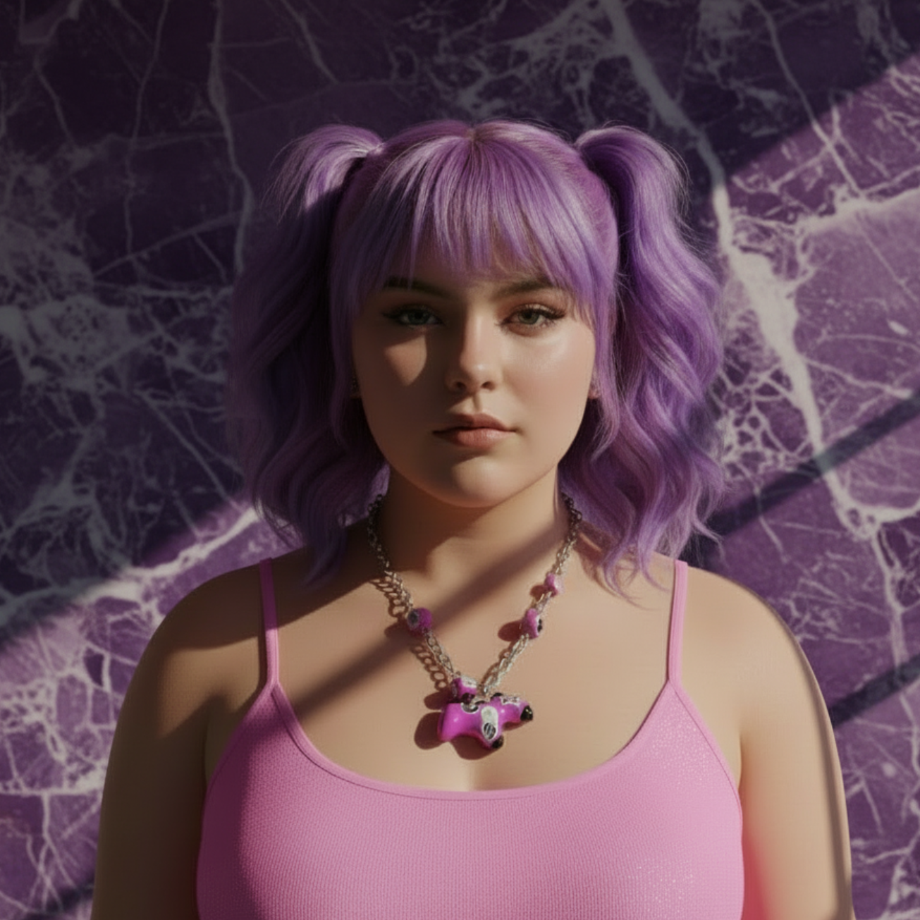 Person with purple hair and pink tank top in a modern indoor setting with plants and neon lights.