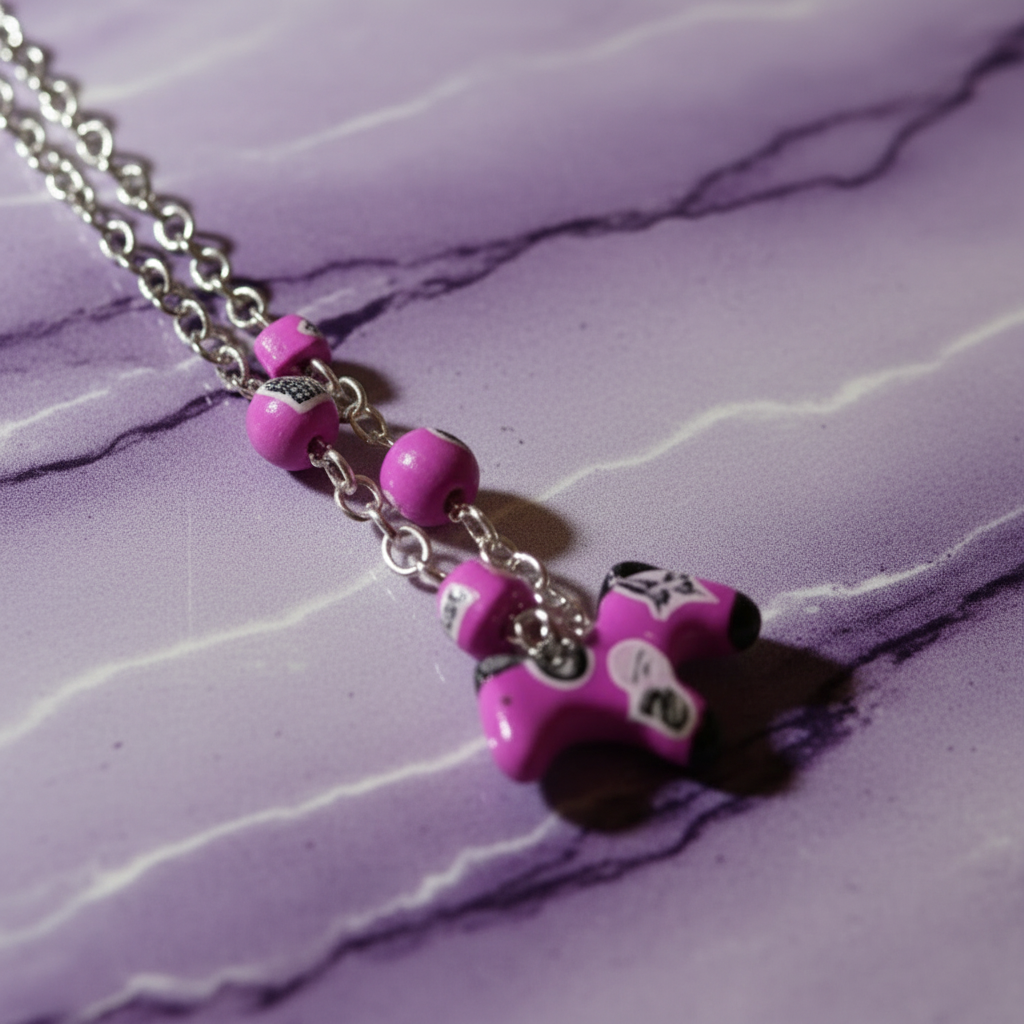 Necklace with pink heart-shaped beads and a star charm on a purple marble surface