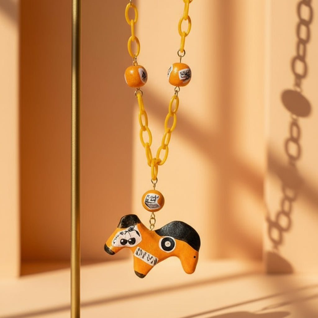 Retro Y2K Neon Metallic Horse Necklace — Handmade Clay Beads, Cutout Collage Charms, Orange Acrylic Chain