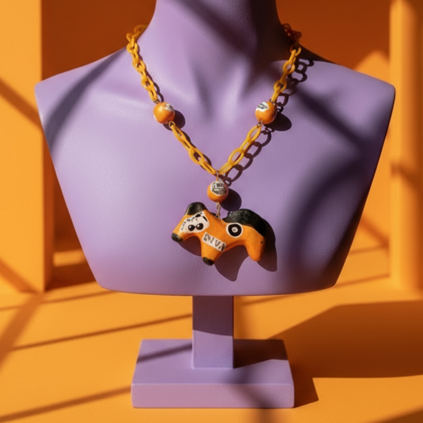 Retro Y2K Neon Metallic Horse Necklace — Handmade Clay Beads, Cutout Collage Charms, Orange Acrylic Chain