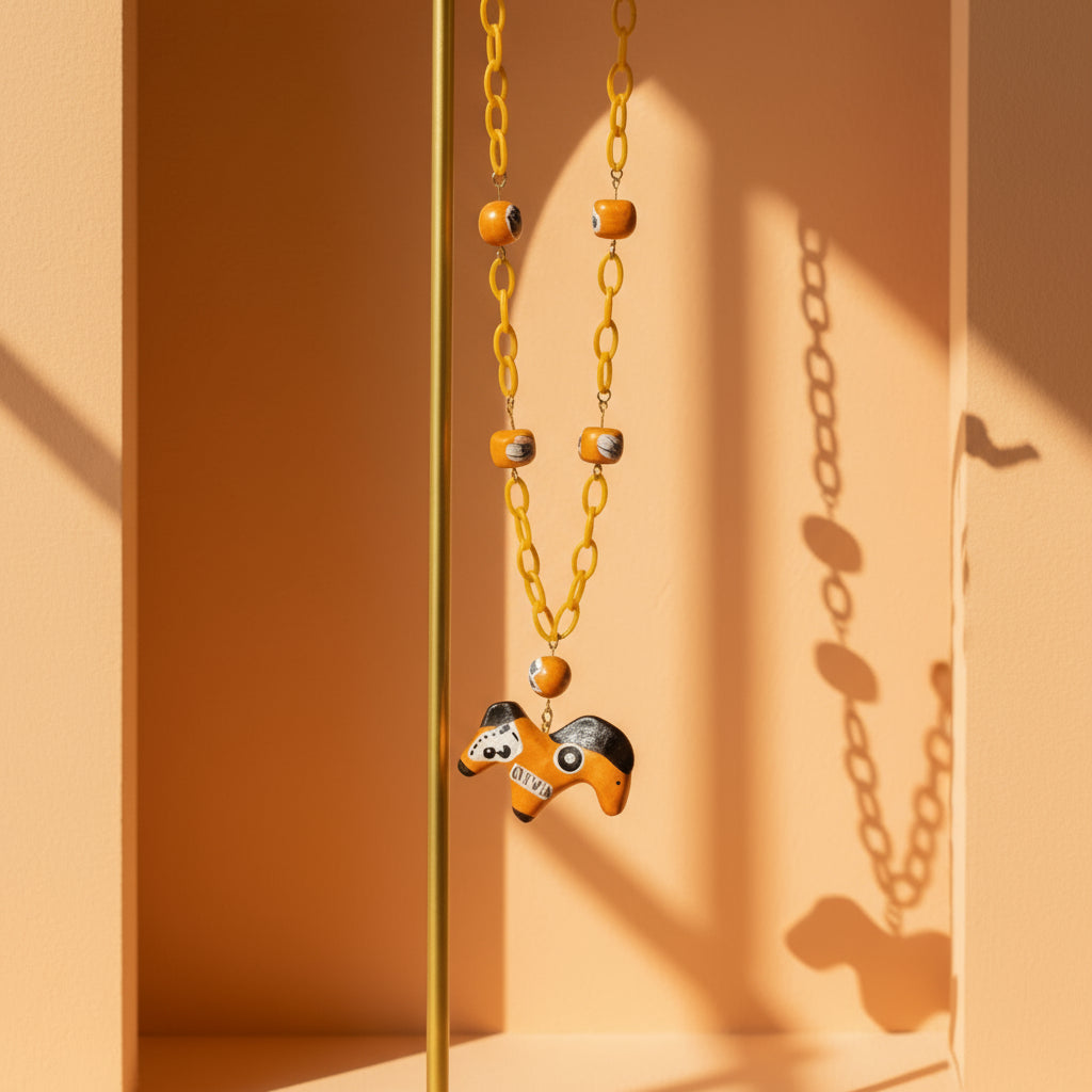 Retro Y2K Neon Metallic Horse Necklace — Handmade Clay Beads, Cutout Collage Charms, Orange Acrylic Chain