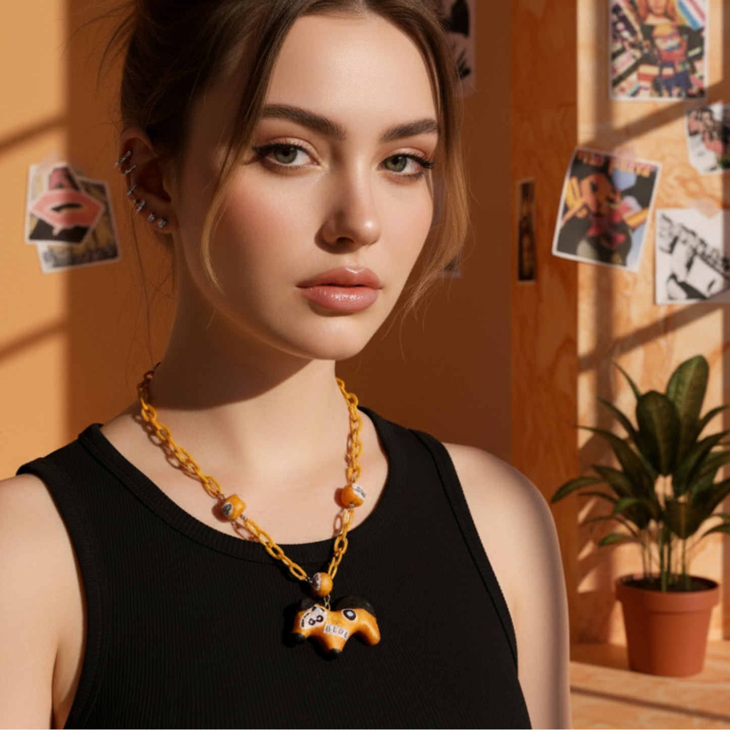 Retro Y2K Neon Metallic Horse Necklace — Handmade Clay Beads, Cutout Collage Charms, Orange Acrylic Chain