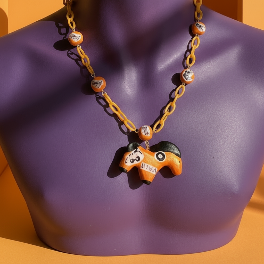 Retro Y2K Neon Metallic Horse Necklace — Handmade Clay Beads, Cutout Collage Charms, Orange Acrylic Chain