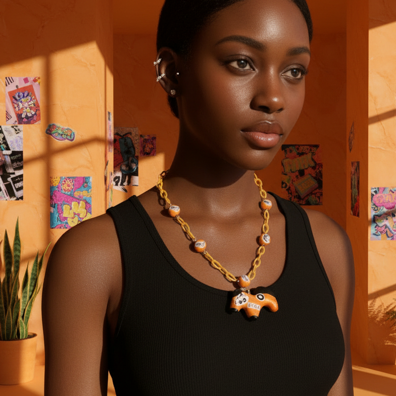 Retro Y2K Neon Metallic Horse Necklace — Handmade Clay Beads, Cutout Collage Charms, Orange Acrylic Chain