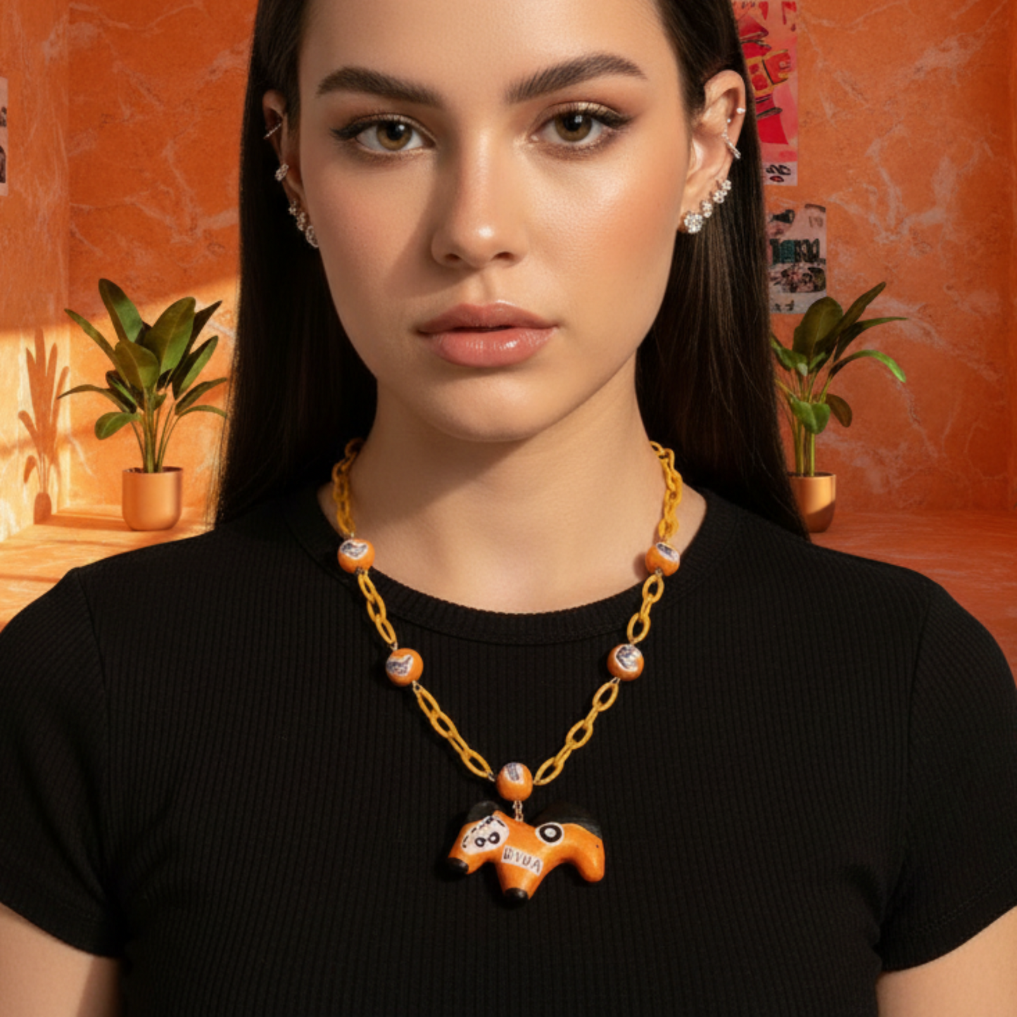 Retro Y2K Neon Metallic Horse Necklace — Handmade Clay Beads, Cutout Collage Charms, Orange Acrylic Chain