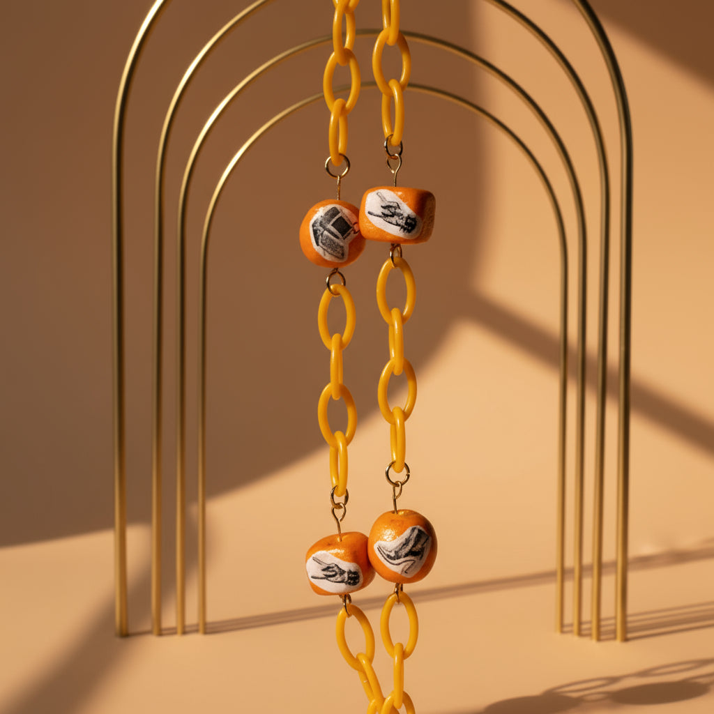 Retro Y2K Neon Metallic Horse Necklace — Handmade Clay Beads, Cutout Collage Charms, Orange Acrylic Chain