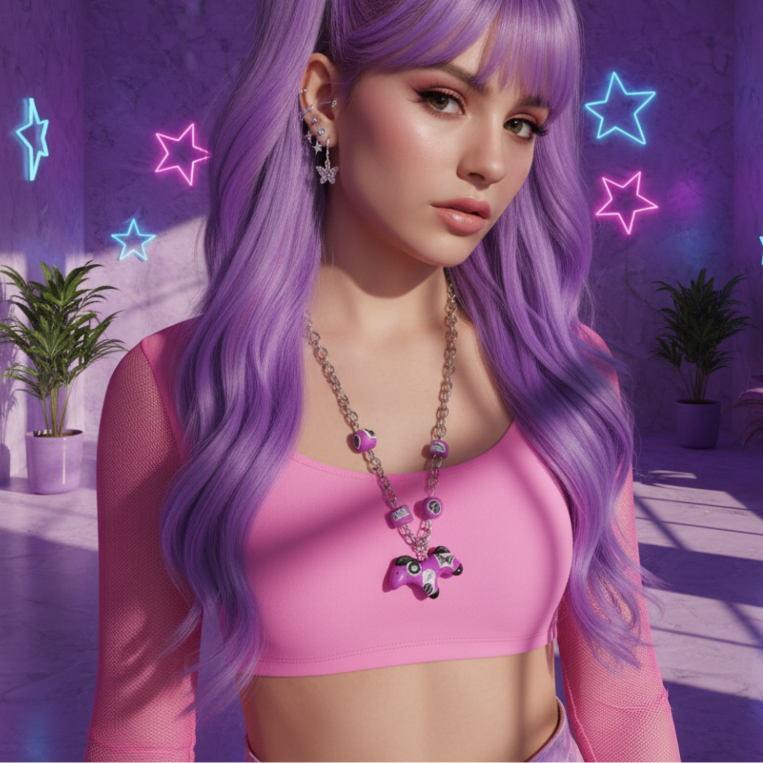 Woman with purple hair in a room with neon stars and plants