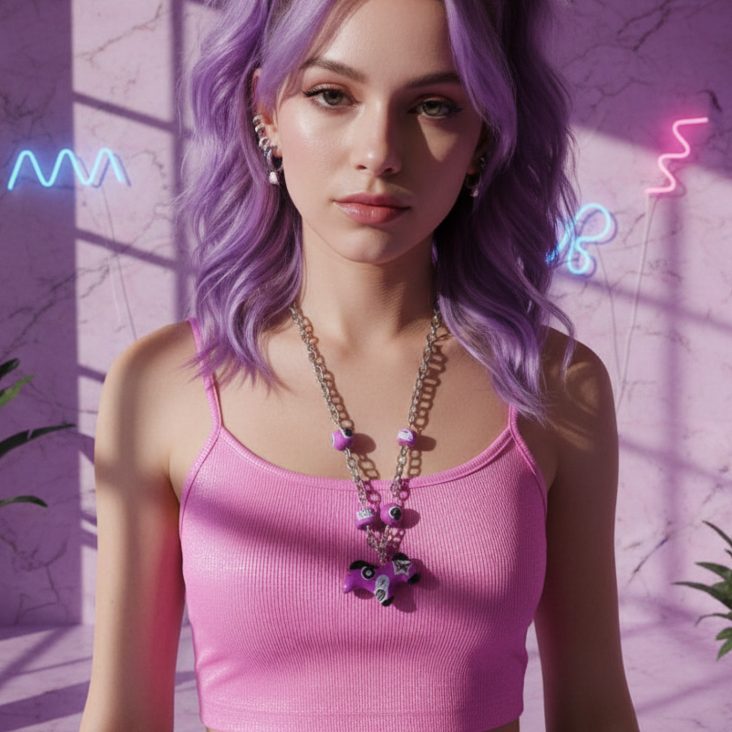 “But I Love Her, Daddy!” Pink Collage Horse Necklace — Y2K Grunge Clay Beads & Avant Garde Charm Jewelry