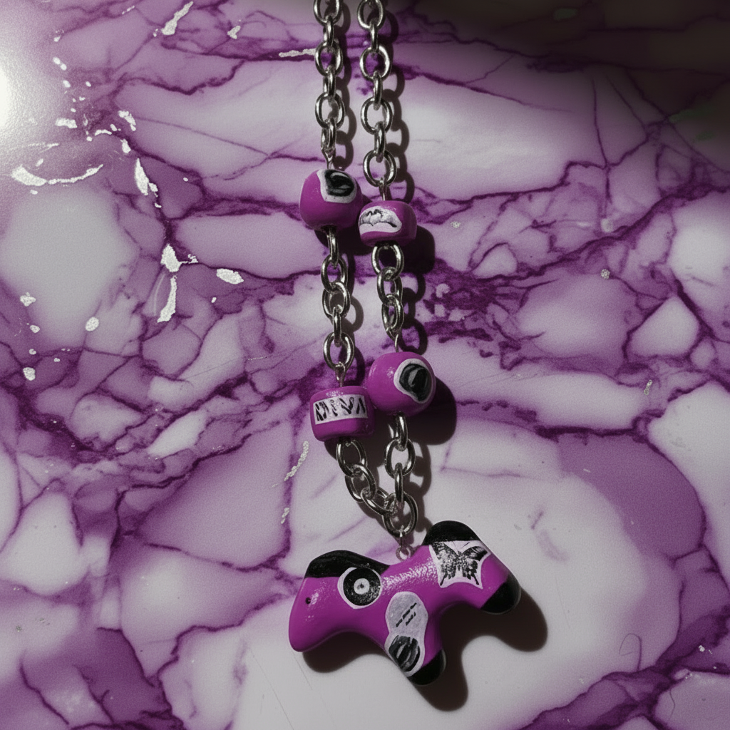Necklace with purple and black pendant on a marbled purple and white background