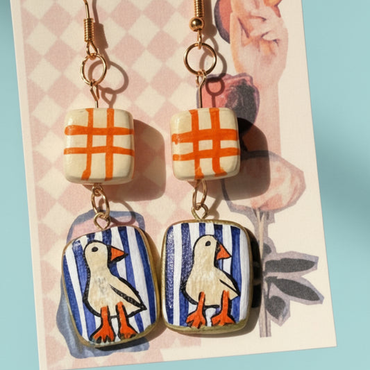 Hand Painted Goose Earrings — Clay Bird Charms, 24k Gold Plated Hardware | Olive Made