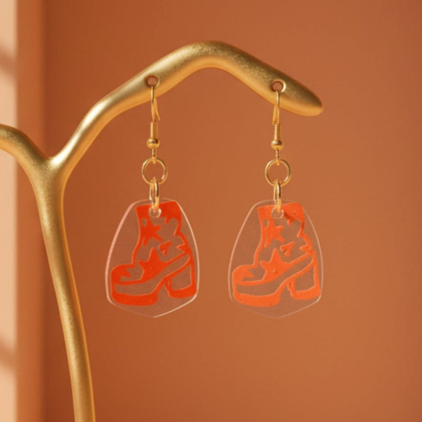 Star Boots Earrings — Petite Neon Orange Groovy Punk Boots with Transparent Back | Olive Made