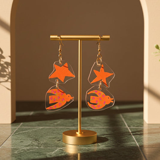 Neon Orange Pentagram + Spirit Bird Dangle Earrings — Hand-Drawn Acrylic Marker Art | Olive Made