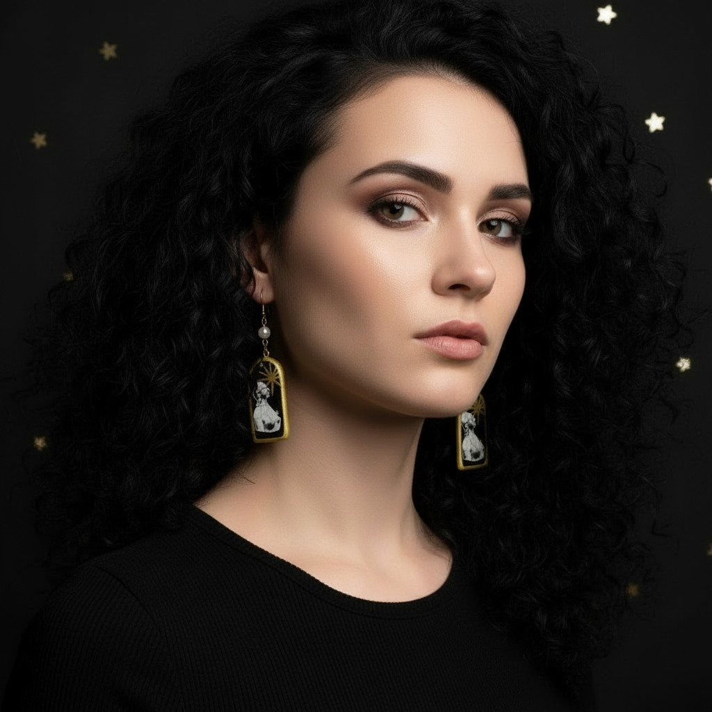 Retrowave Cut Out Collage Black, Gold, and Pearl Earrings