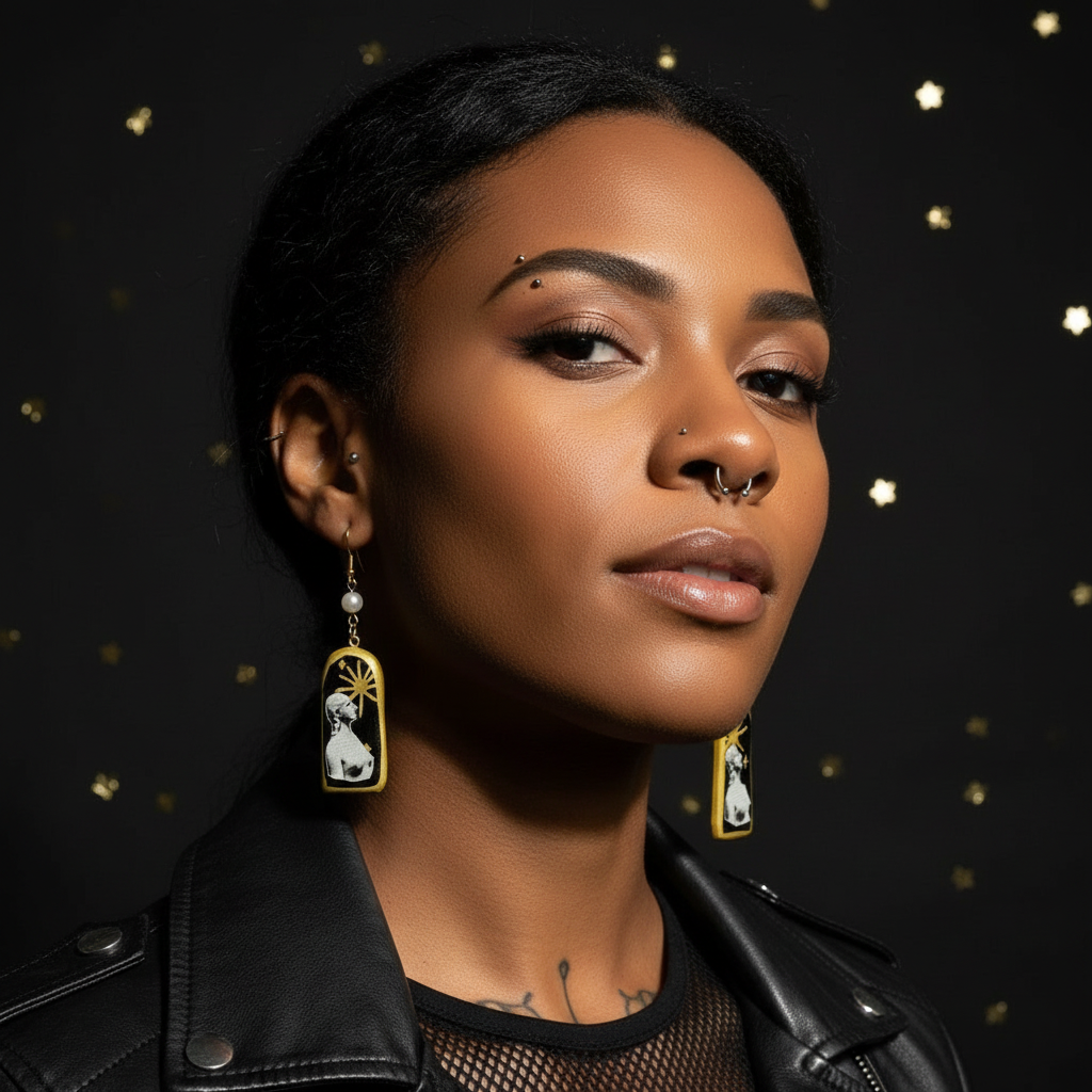 Retrowave Cut Out Collage Black, Gold, and Pearl Earrings