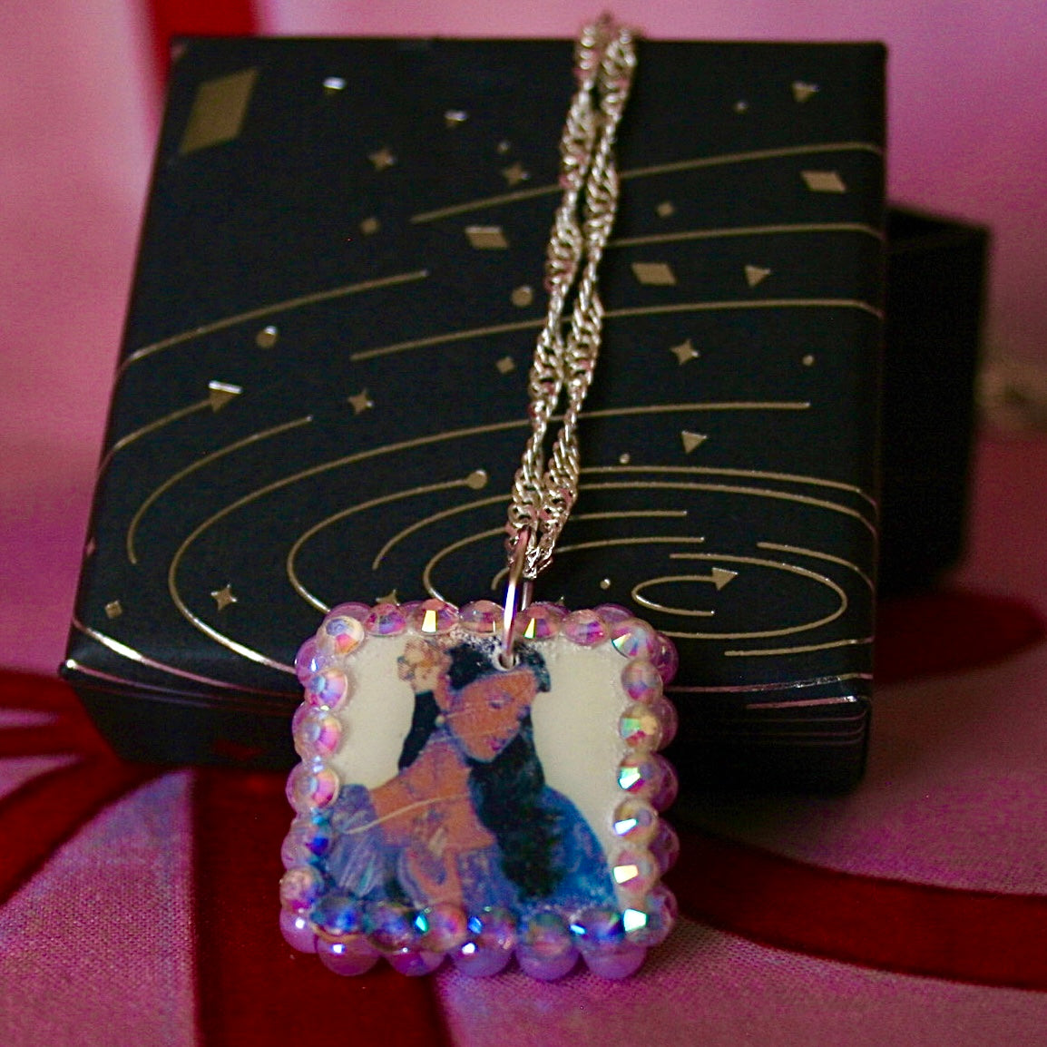 Lavender Haze Princess necklace — medieval-inspired handmade polymer clay pendant bedazzled with iridescent pearls + rhinestones on 20" 925 sterling silver chain. Princesscore lavender medievalcore charm necklace; gift-ready black celestial box. Ready to ship in 1–3 days.