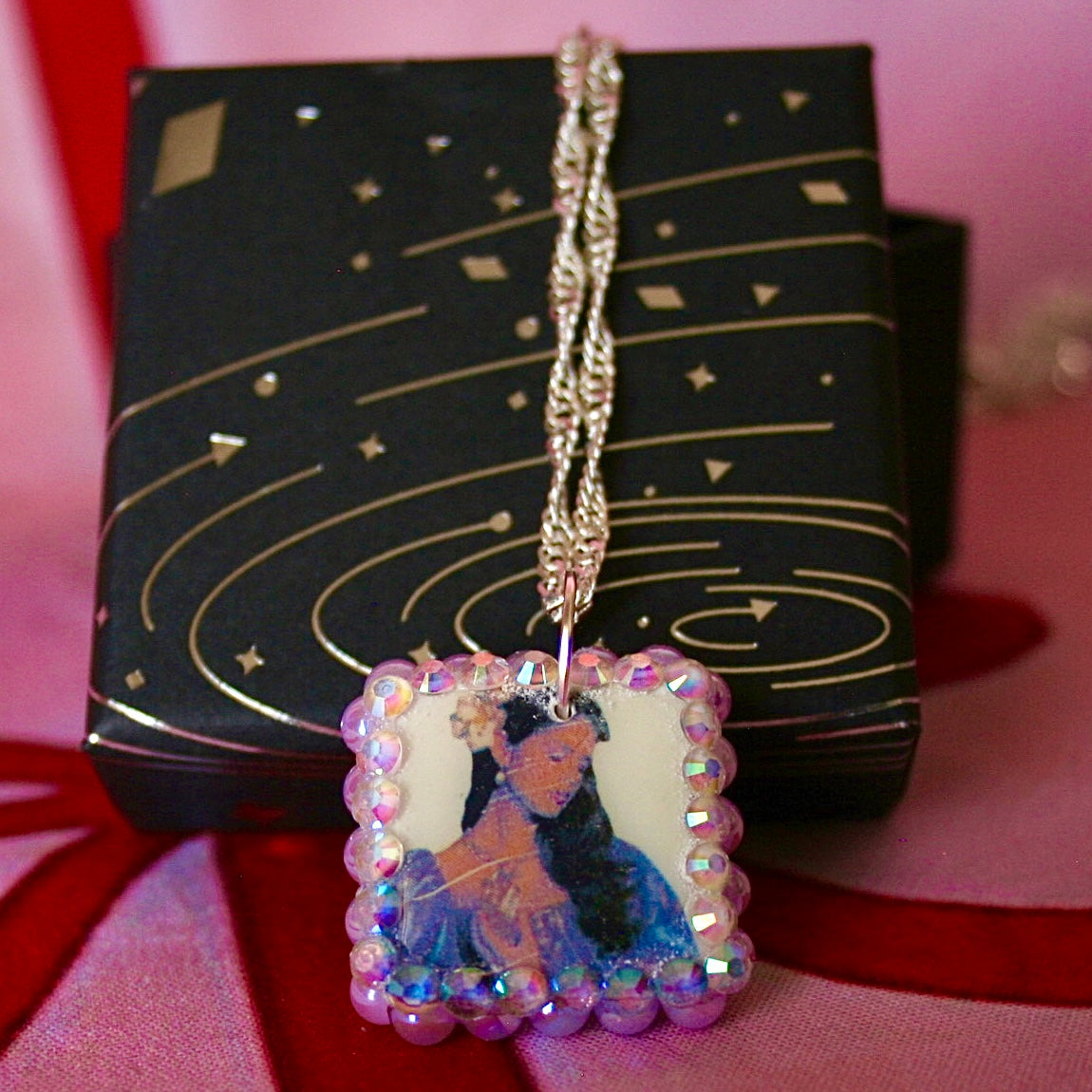 Lavender Haze Princess necklace — medieval-inspired handmade polymer clay pendant bedazzled with iridescent pearls + rhinestones on 20" 925 sterling silver chain. Princesscore lavender medievalcore charm necklace; gift-ready black celestial box. Ready to ship in 1–3 days.