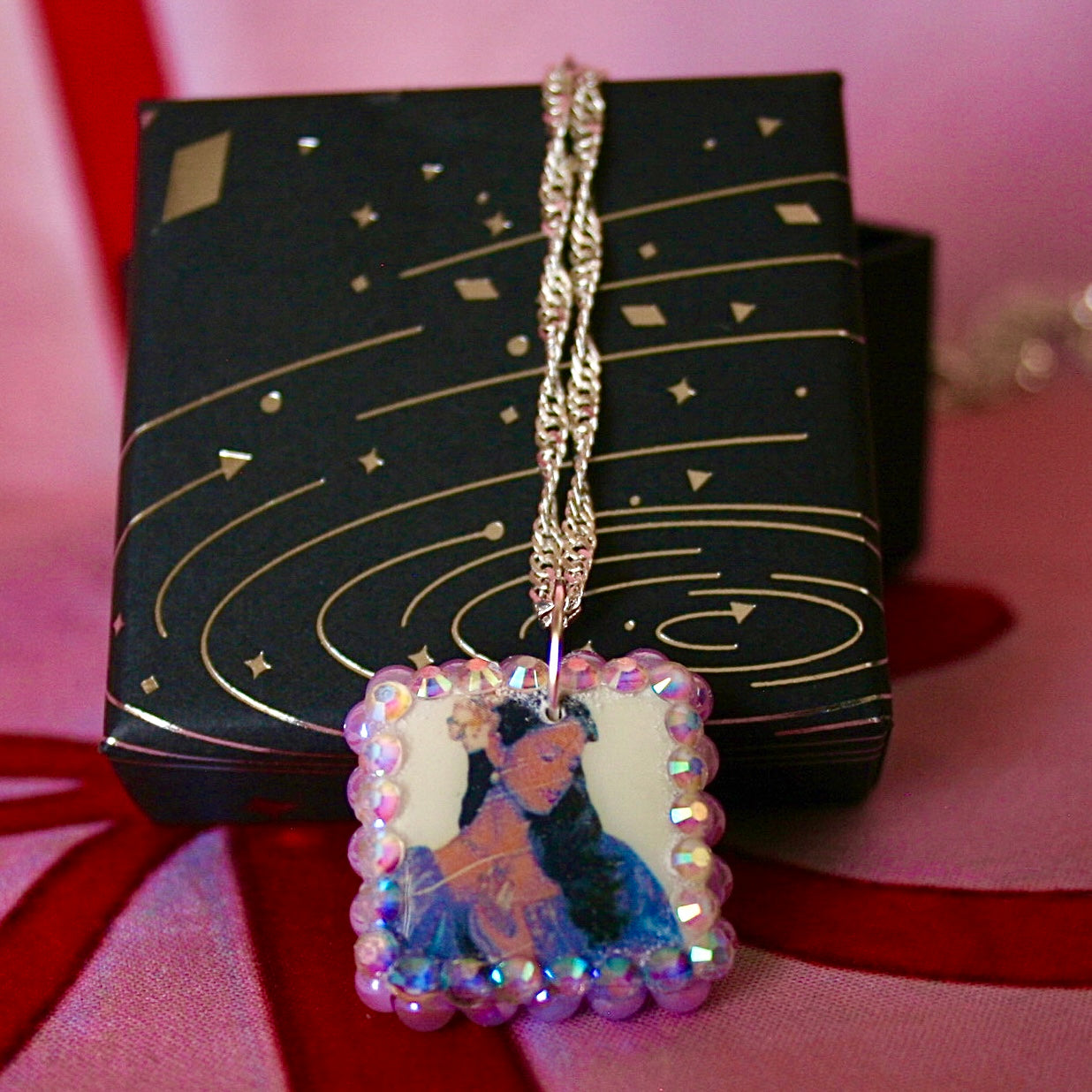 Lavender Haze Princess necklace — medieval-inspired handmade polymer clay pendant bedazzled with iridescent pearls + rhinestones on 20" 925 sterling silver chain. Princesscore lavender medievalcore charm necklace; gift-ready black celestial box. Ready to ship in 1–3 days.