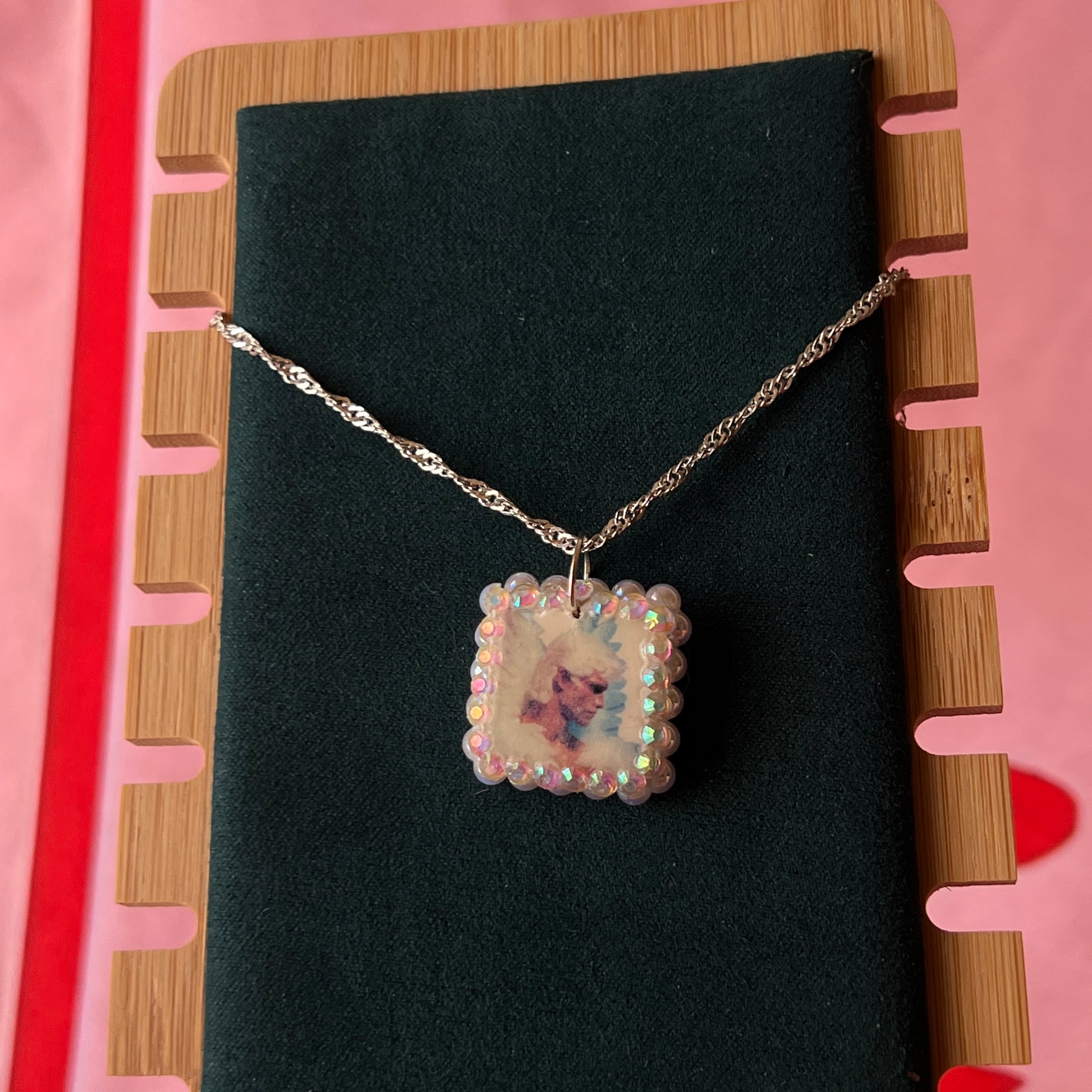 Iridescent angel charm necklace — handmade polymer clay angel charm bedazzled with iridescent beads on 20" 925 silver chain. Gift-ready green Victorian-patterned box. Fairycore coquette cottagecore Y2K jewelry; ready to ship in 1–3 business days.