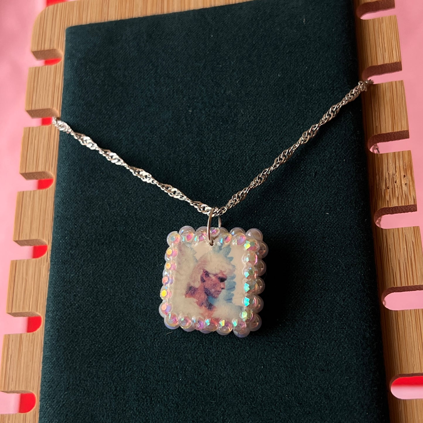 Iridescent angel charm necklace — handmade polymer clay angel charm bedazzled with iridescent beads on 20" 925 silver chain. Gift-ready green Victorian-patterned box. Fairycore coquette cottagecore Y2K jewelry; ready to ship in 1–3 business days.