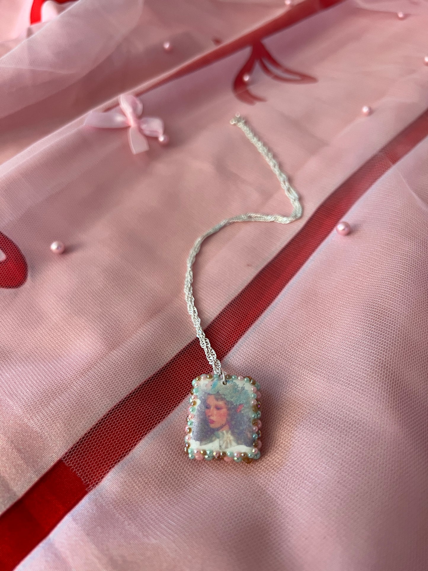 Iridescent Elf Portrait |  Polymer Clay Charm | Pearl Charm Necklace | 925 Sterling Silver | 20" Chain