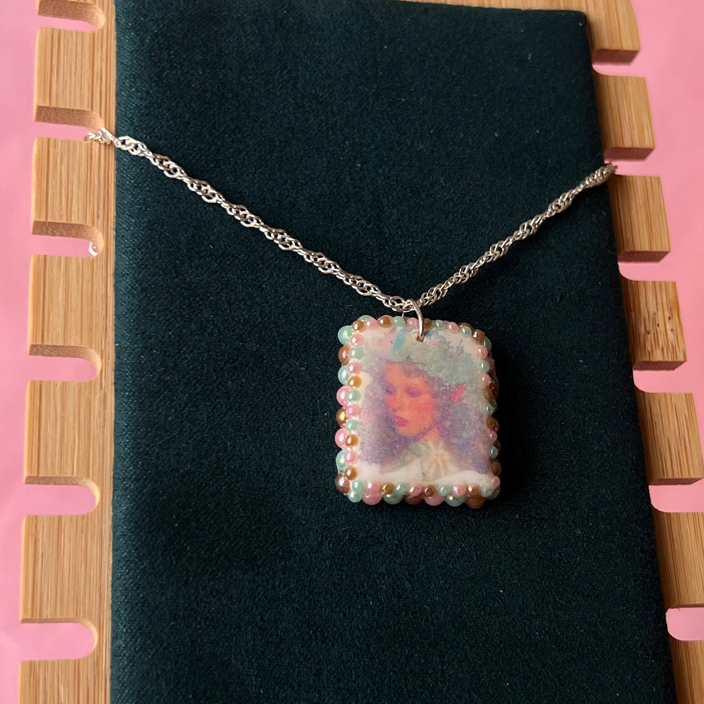 Iridescent Elf Portrait |  Polymer Clay Charm | Pearl Charm Necklace | 925 Sterling Silver | 20" Chain