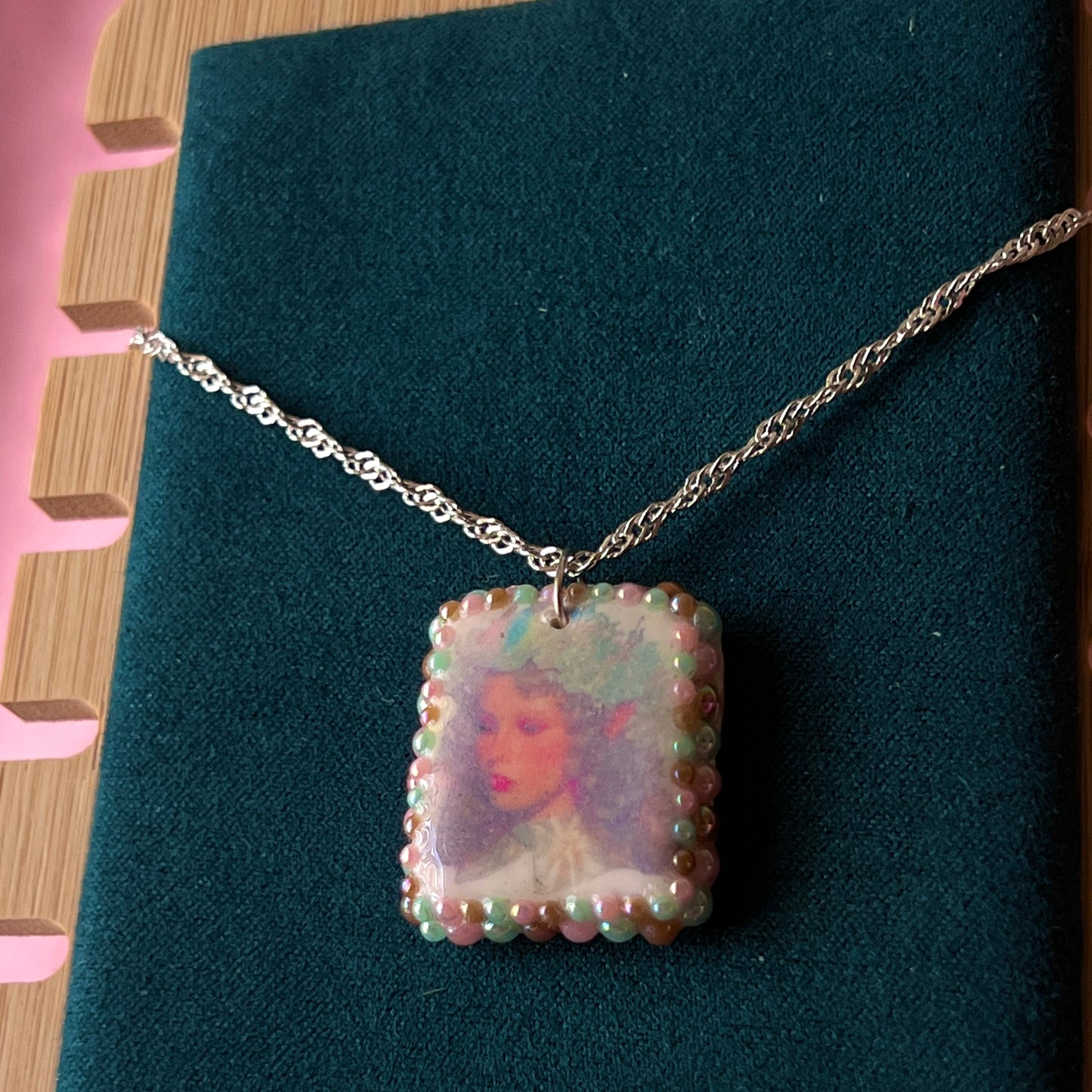 Iridescent Elf Portrait |  Polymer Clay Charm | Pearl Charm Necklace | 925 Sterling Silver | 20" Chain