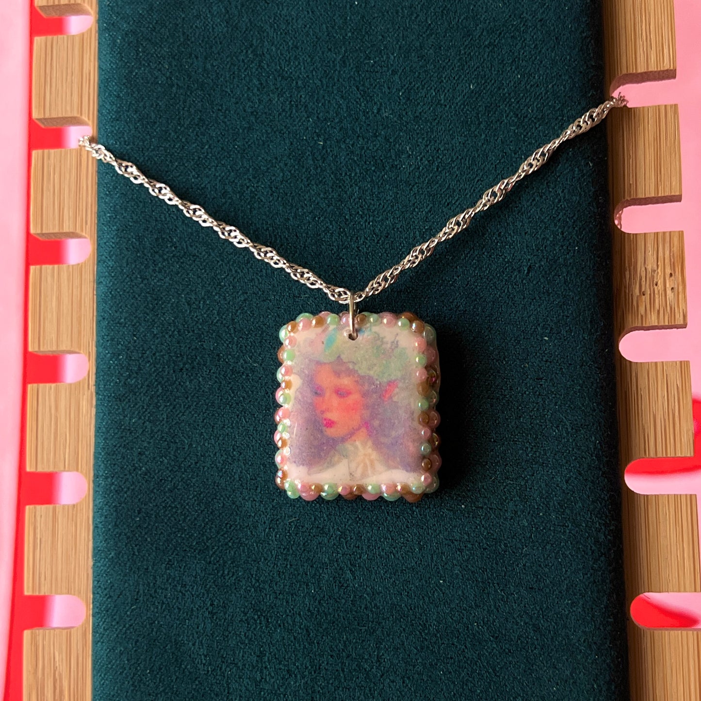 Iridescent Elf Portrait |  Polymer Clay Charm | Pearl Charm Necklace | 925 Sterling Silver | 20" Chain