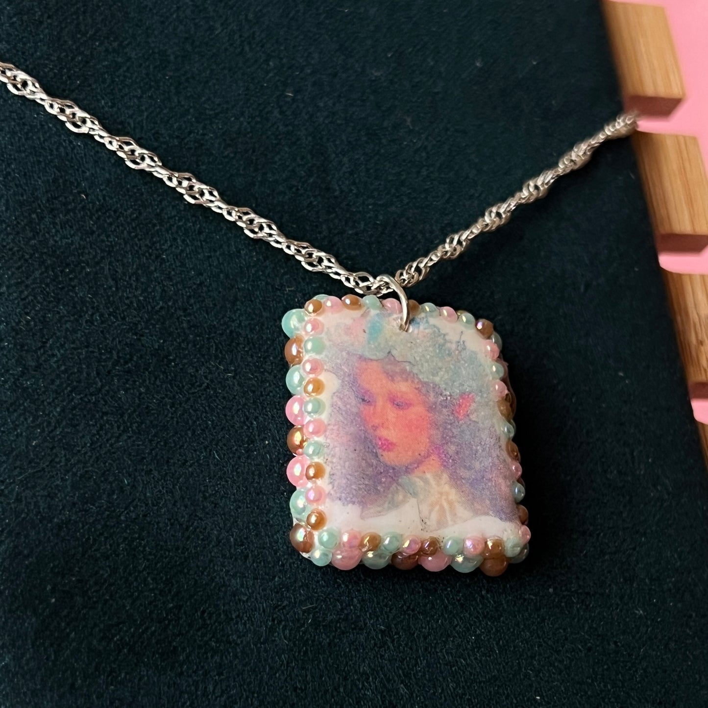 Iridescent Elf Portrait |  Polymer Clay Charm | Pearl Charm Necklace | 925 Sterling Silver | 20" Chain